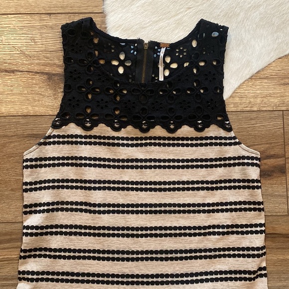Free People Women's Eyelet Stripe Peplum Top in black and beige stripes - Picture 3 of 7